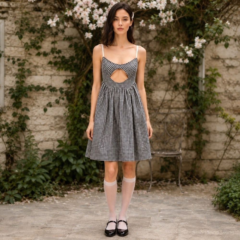 Sandy Liang Montow Gingham Cutout Dress Black White Size 10